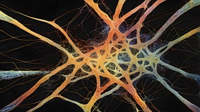 Abstract representation of neural networks modeled after the human brain with intricate web-like