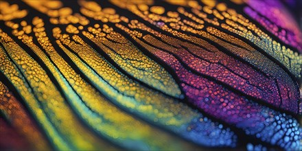 Vibrant butterfly wing with iridescent scales and network of veins, AI generated