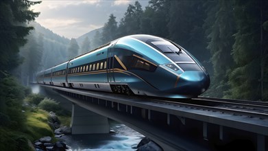 High speed train with an aerodynamic nose modeled after the beak of a kingfisher, AI generated