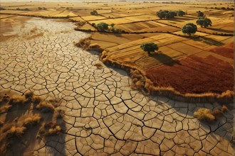 Desolate agricultural farmland with dried crops in sunrise, AI generated