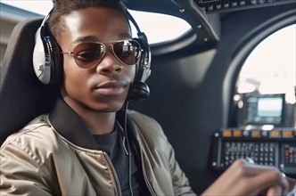 Young african american pilot male sitting in the cockpit flying A private jet, generatvie AI, AI