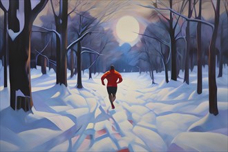 Wallpaper illustration of a jogger running through a park in winter with snow covered trees, AI