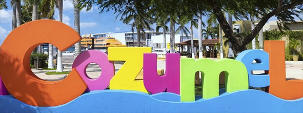 Mexico, Cozumel Letters at the central plaza near ocean Malecon and Cancun ferry terminal, Central