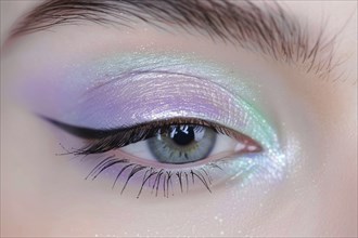 Woman's eye makeup with pastel violet and mint green eye shadow and black eyeliner. Generative AI,