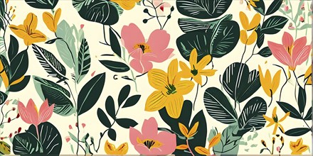 Botanical doodle background illustration with flower and leaves in abstract shapes, AI generated