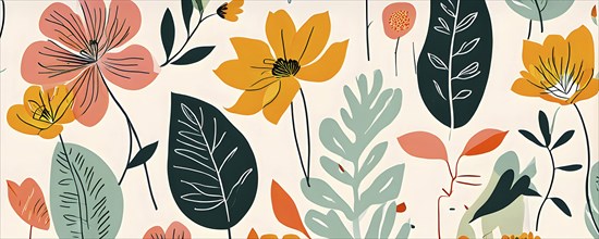 Botanical doodle background illustration with flower and leaves in abstract shapes, AI generated