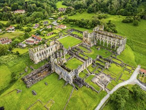 Rievaulx Abbey from a drone, North York Moors National Park, North Yorkshire, England, United