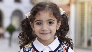 A little girl with pigtails and a floral dress smiles innocently into the camera, showing pure joy