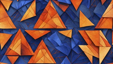 Illustration of abstract art composed of overlapping triangles in blue and orange colors, AI