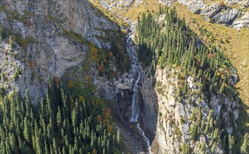 Aerial view, Barskon or Barskoon waterfall, mountain landscape with waterfall in a mountain valley,