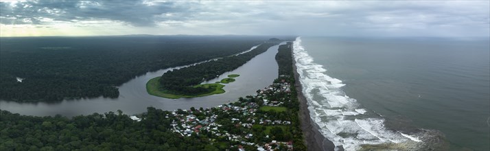 Aerial view, beach and sea, coast with rainforest, Tortuguero National Park, Costa Rica, Central