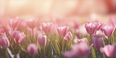 Pink tulip spring glowers growing on sunny meadow. KI generiert, generiert AI generated