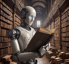 A humanoid robot reads historical old books in a library, AI generated, AI generated