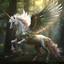 AI generated illustration of mythological creature design envisioning a unicorn pegasus hybrid