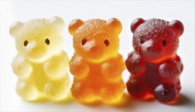 Transparent gummy bears in the colours yellow, orange and red with visible texture, gummy bears, AI