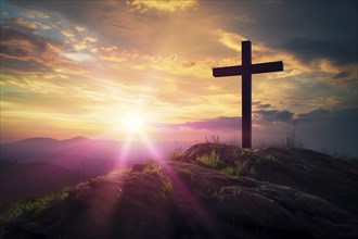 Easter concept cross on Golgotha Calvary hill against a dramatic sunset, AI generated