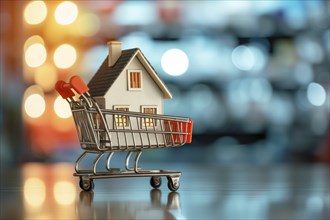 Real estate shopping concept, a house is a shopping cart on blurred bokeh background, AI generated