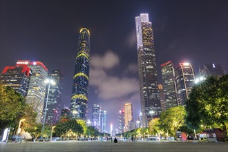 Guangzhou Canton skyline with skyscrapers city centre downtown at night in Guangzhou, China, Asia