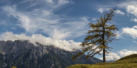 Panorama from Hoher Kranzberg, 1397m to the cloudy Karwendel Mountains, Werdenfelser Land, Upper