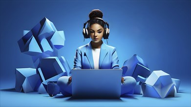 3d render of female character engaged with a laptop wearing headphones, AI generated