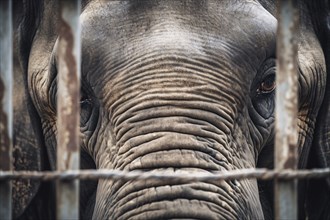 Close up of elephant behind bars in captivity. KI generiert, generiert, AI generated