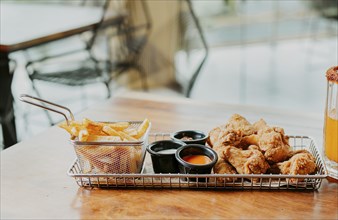 Delicious spicy wings with french fries served on wooden table with copy space. Spicy chicken wings