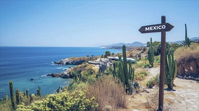 Sign pointing to the direction of Mexico with scenic beach and ocean in the background, AI