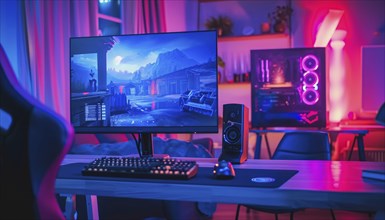 Video gaming advanced home rig station with controller, monitor, chair and speakers, AI generated