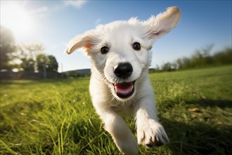 Playful white puppy with fluffy fur is captured mid-run, running playing enjoying a sunny day