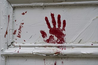 Bloody human hand print on white wall. KI generiert, generiert, AI generated