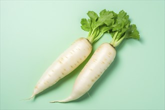 Daikon on green background. KI generiert, generiert, AI generated