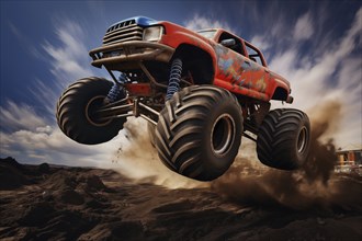 Monster truck driving and jumping outdoors amidst a cloud of dust. Thrill and adrenaline of an