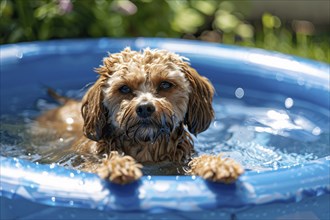 Cute dog in paddling pool with water in summer. KI generiert, generiert, AI generated