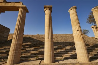 Acropolis of Lindos, morning light, Propylaea with open staircase, Lindos, Rhodes, Dodecanese,