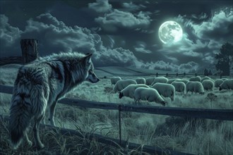 A wolf stands at a pasture fence at night under a full moon and observes a grazing flock of sheep,