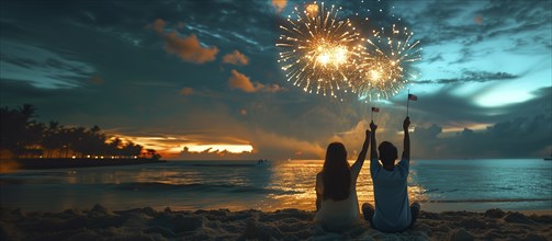 Friends and family enjoying the summer holiday fireworks on the beach. generative AI, AI generated