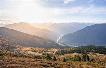 View of the mountain panorama and the Upper Inn Valley in the morning light, Krahberg on the Venet