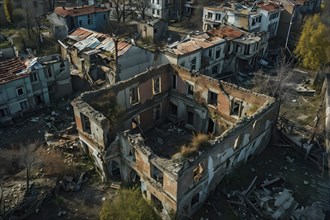 Aerial perspective of destroyed village ruins with crumbling building structures, AI generated