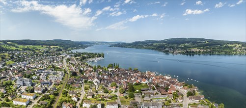 Aerial view, panorama of the municipality of Steckborn on western Lake Constance, with the Höri