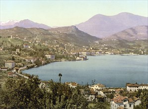 Lugano, from San Salvatore, Ticino, Switzerland, Historic, digitally restored reproduction from a