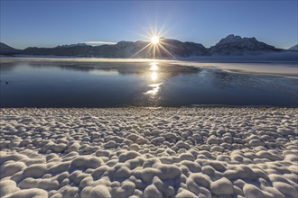 Sunrise at a lake in front of mountains, snow, winter, Forggensee, Königswinkel, view of Tegelberg