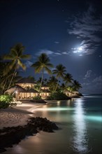 Real estate beach resort at the Caribbean coast at night, AI generated