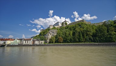 View of the medieval Kufstein Fortress on the River Inn, Kufstein, Tyrol, Austria, Europe