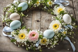 Spring wreath with pastel ribbons, speckled eggs, and blooming flowers, hanging on a wooden