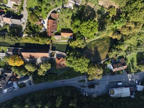 Aerial photo, top down view of the source of the Aach, Aachtopf, source of the Radolfzell Aach,