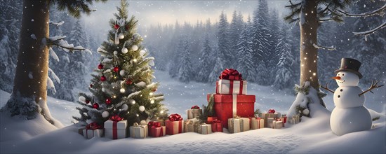 Peaceful and serene Christmas scene with a decorated Christmas tree with gifts presents and a cute