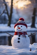 Snowman in an idylic winter landscape, snow covered trees, golden hour light of sunrise, AI