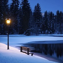 Frozen pond surrounded by snow-covered trees, with a wooden bench and lamppost nearby, softly