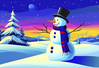 Abstract illustration of a snowman in an idyllic snowy winter landscape, hills and mountains and