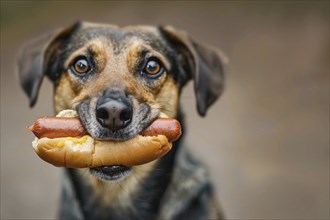 Dog holding hot dog with bread bun and sausage in mouth. Generative Ai, AI generated